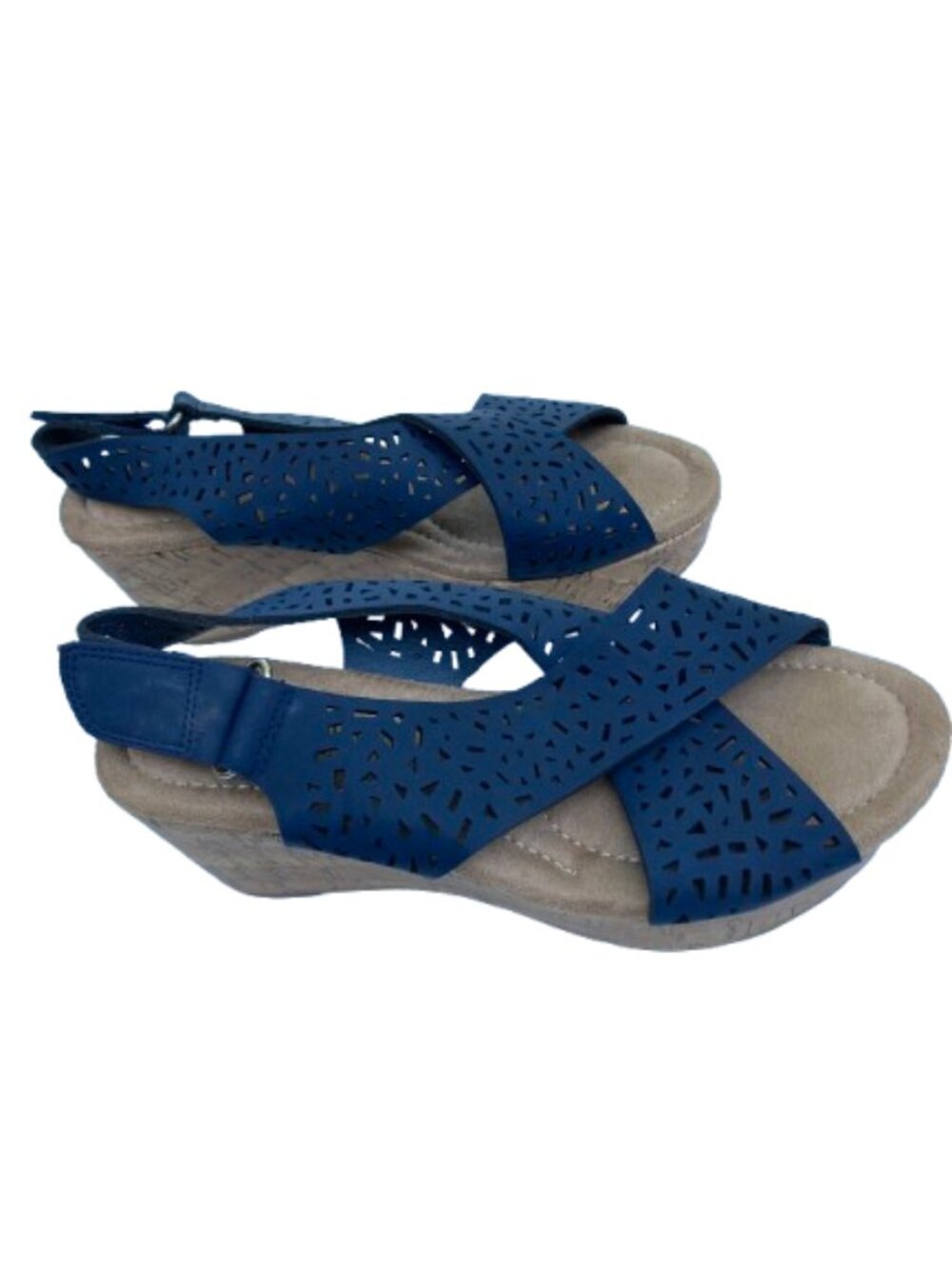 Dominique Nicole Dark Blue Laser Cut 3" Cork-Like Wedge Sandals, EUC, sz 7.5